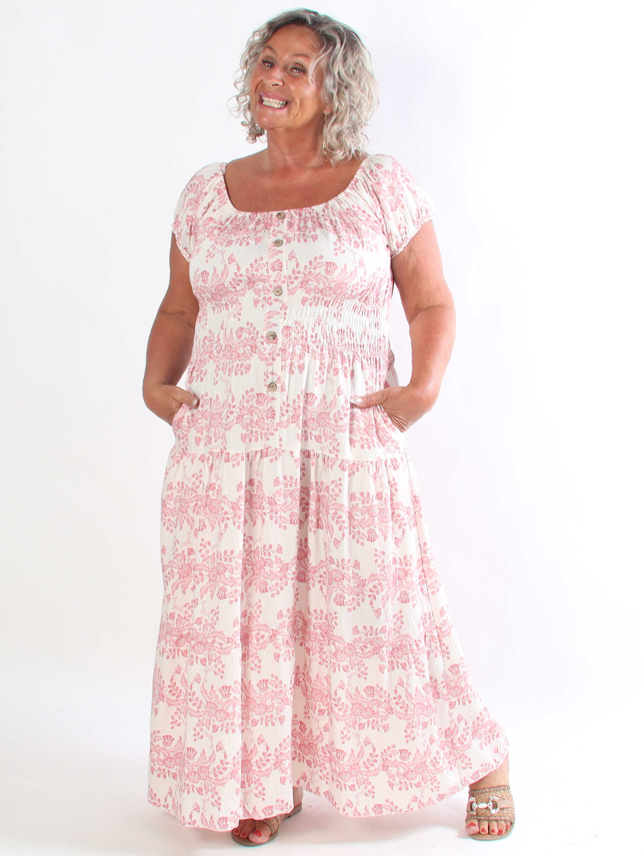 Leilani Flower - Plus size kjole i viskose med træknapper og smock